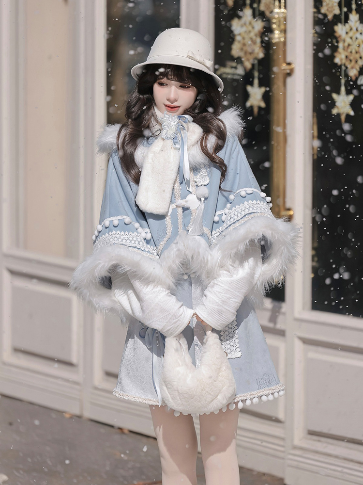 Women Winter Hanfu Blue Fashionable Fluffy Skirt Set