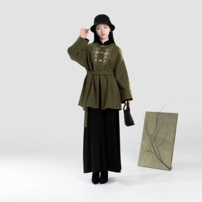 Women Winter Hanfu Round-Neck Coat Stand-Up Collar Bell-Sleeve Long Dress A-Line Slim-Fit Long Skirt
