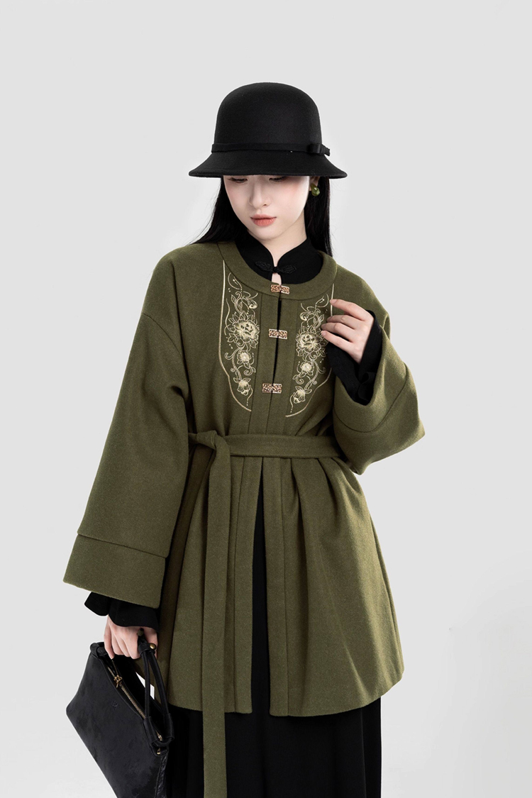 Women Winter Hanfu Round-Neck Coat Stand-Up Collar Bell-Sleeve Long Dress A-Line Slim-Fit Long Skirt