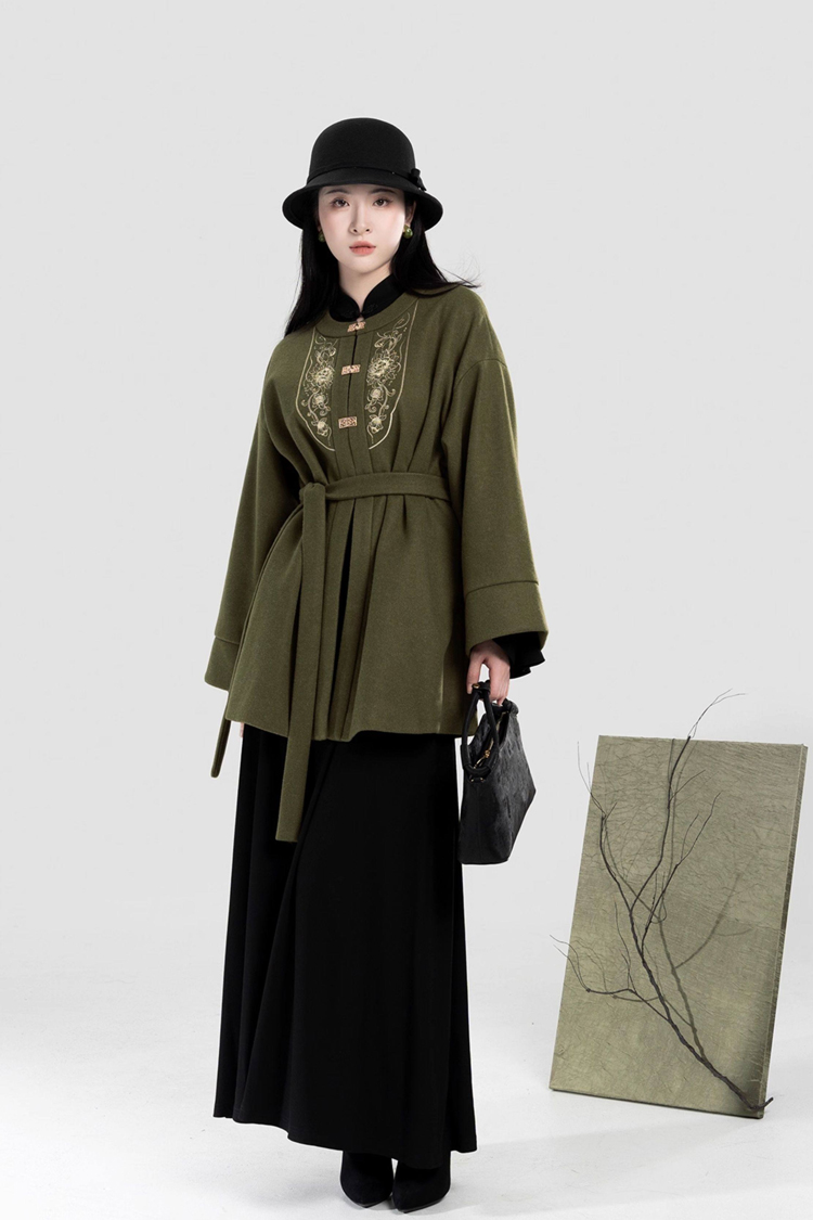 Women Winter Hanfu Round-Neck Coat Stand-Up Collar Bell-Sleeve Long Dress A-Line Slim-Fit Long Skirt