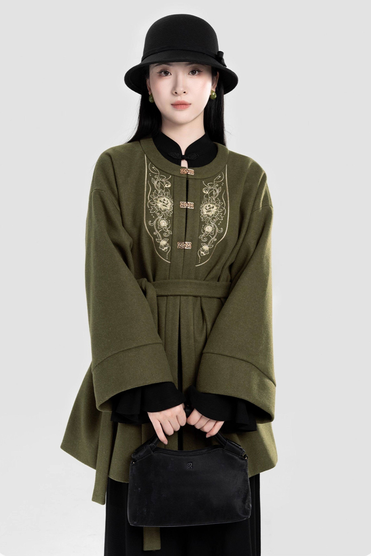 Women Winter Hanfu Round-Neck Coat Stand-Up Collar Bell-Sleeve Long Dress A-Line Slim-Fit Long Skirt