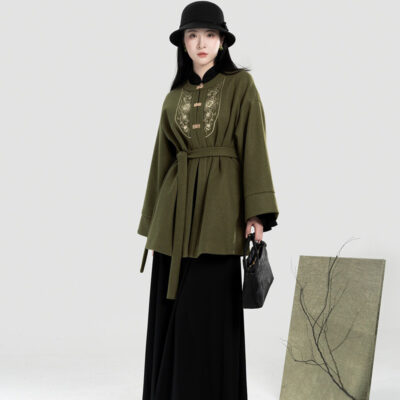 Women Winter Hanfu Round-Neck Coat Stand-Up Collar Bell-Sleeve Long Dress A-Line Slim-Fit Long Skirt
