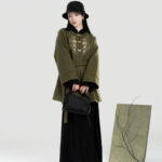 Women Winter Hanfu Round-Neck Coat Stand-Up Collar Bell-Sleeve Long Dress A-Line Slim-Fit Long Skirt