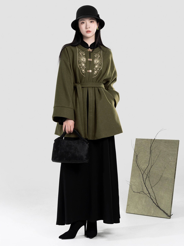 Women Winter Hanfu Round-Neck Coat Stand-Up Collar Bell-Sleeve Long Dress A-Line Slim-Fit Long Skirt