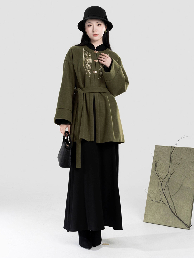 Women Winter Hanfu Round-Neck Coat Stand-Up Collar Bell-Sleeve Long Dress A-Line Slim-Fit Long Skirt