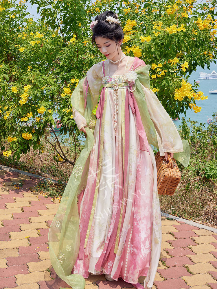 Women's Pink Qixiong Shanqun Tang Dynasty Embroidered Hanfu Duijin Shirt