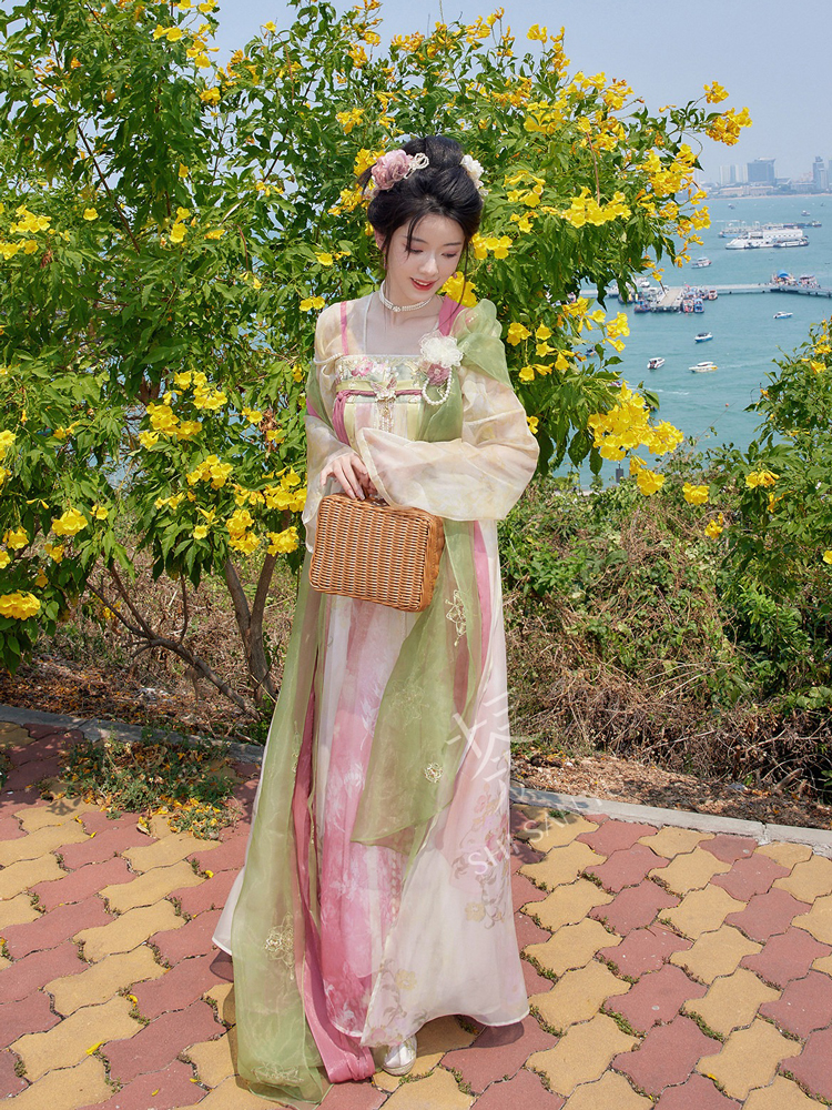 Women's Pink Qixiong Shanqun Tang Dynasty Embroidered Hanfu Duijin Shirt