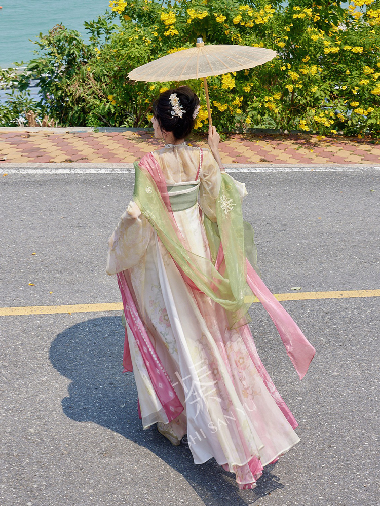 Women's Pink Qixiong Shanqun Tang Dynasty Embroidered Hanfu Duijin Shirt