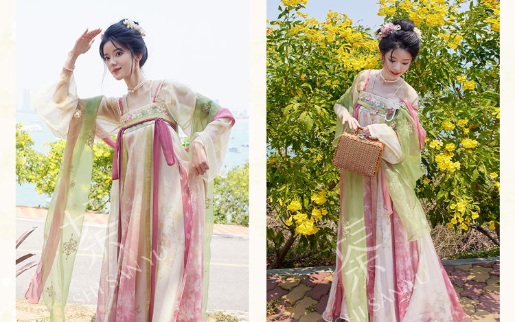 Women's Pink Qixiong Shanqun Tang Dynasty Embroidered Hanfu Duijin Shirt