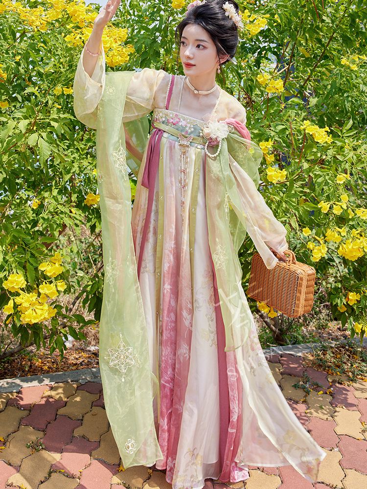 Women's Pink Qixiong Shanqun Tang Dynasty Embroidered Hanfu Duijin Shirt