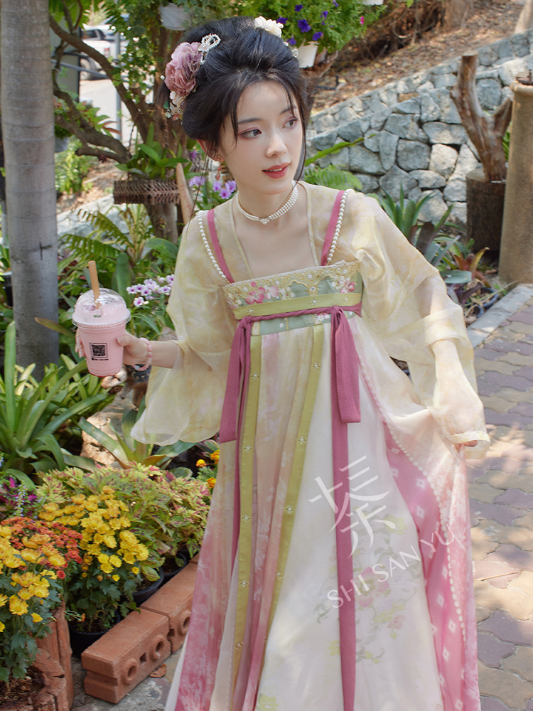 Women's Pink Qixiong Shanqun Tang Dynasty Embroidered Hanfu Duijin Shirt