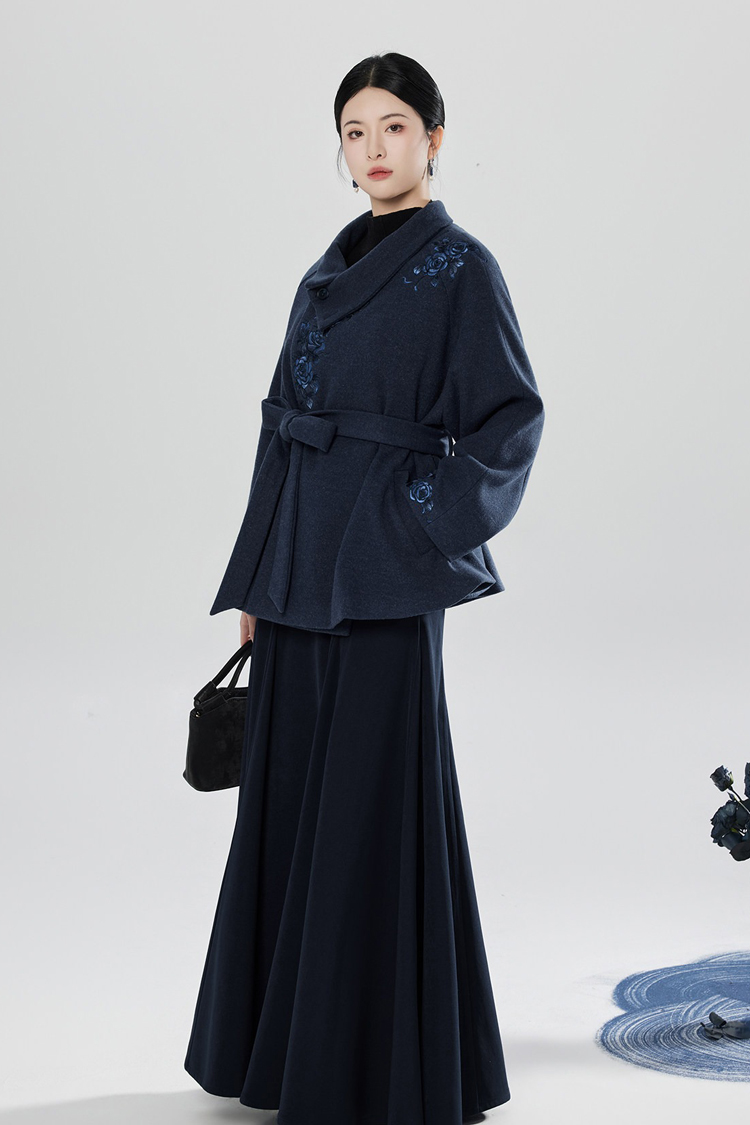 New Chinese Style Windproof Blue Coat Fishtail Skirt Casual Hanfu Set