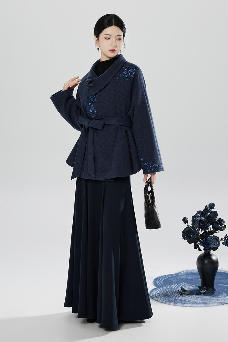New Chinese Style Windproof Blue Coat Fishtail Skirt Casual Hanfu Set