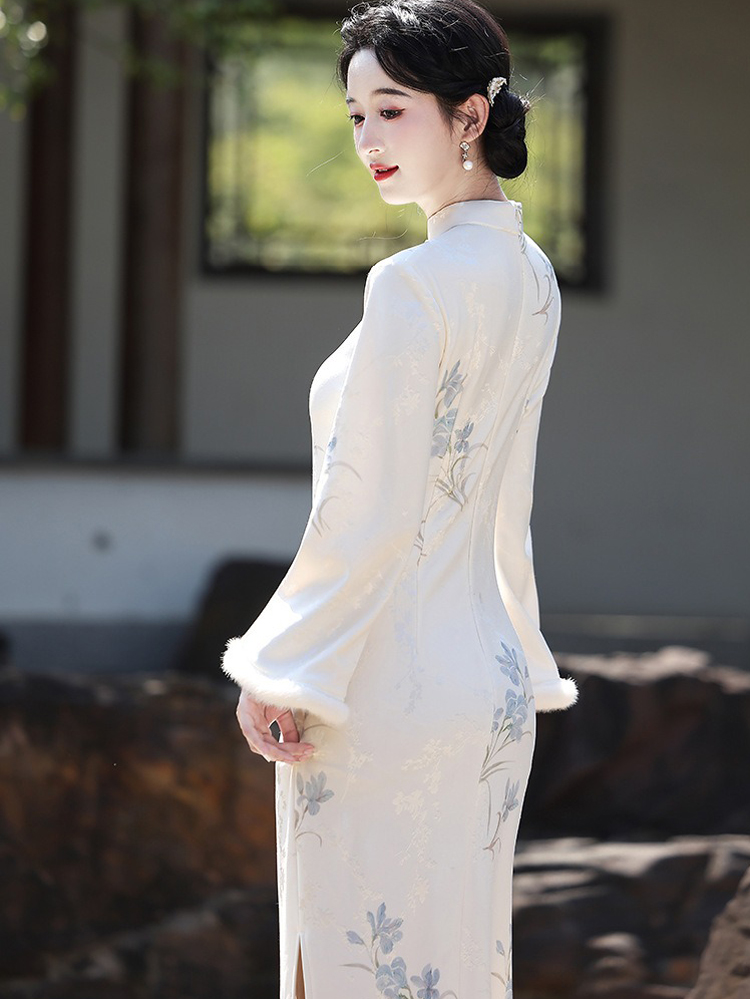 Spring Women Cheongsam New Long Fleece Lined Qipao Dress