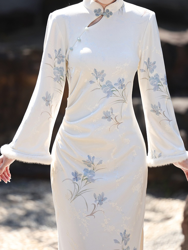 Spring Women Cheongsam New Long Fleece Lined Qipao Dress