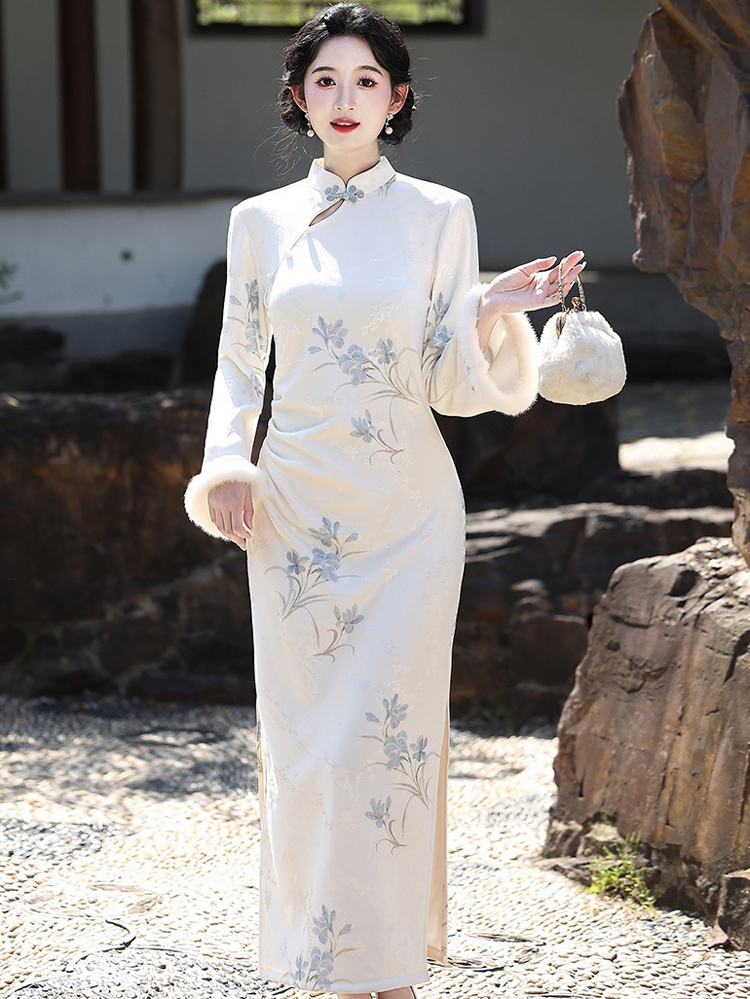 Spring Women Cheongsam New Long Fleece Lined Qipao Dress