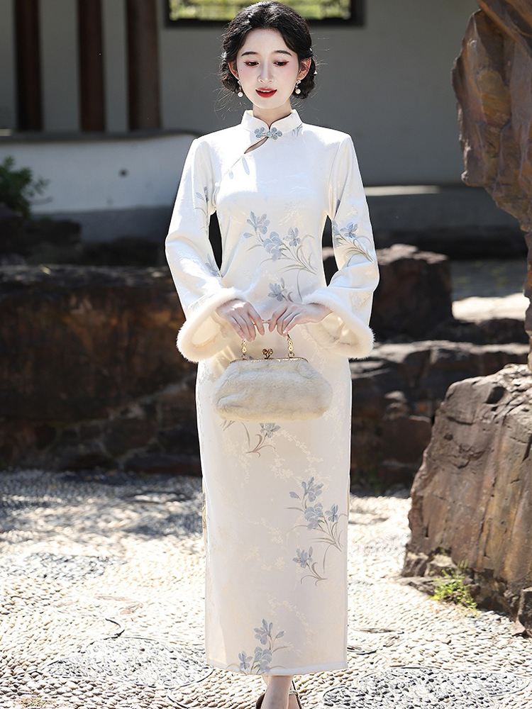Spring Women Cheongsam New Long Fleece Lined Qipao Dress