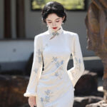 Spring Women Cheongsam New Long Fleece Lined Qipao Dress