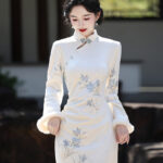 Spring Women Cheongsam New Long Fleece Lined Qipao Dress