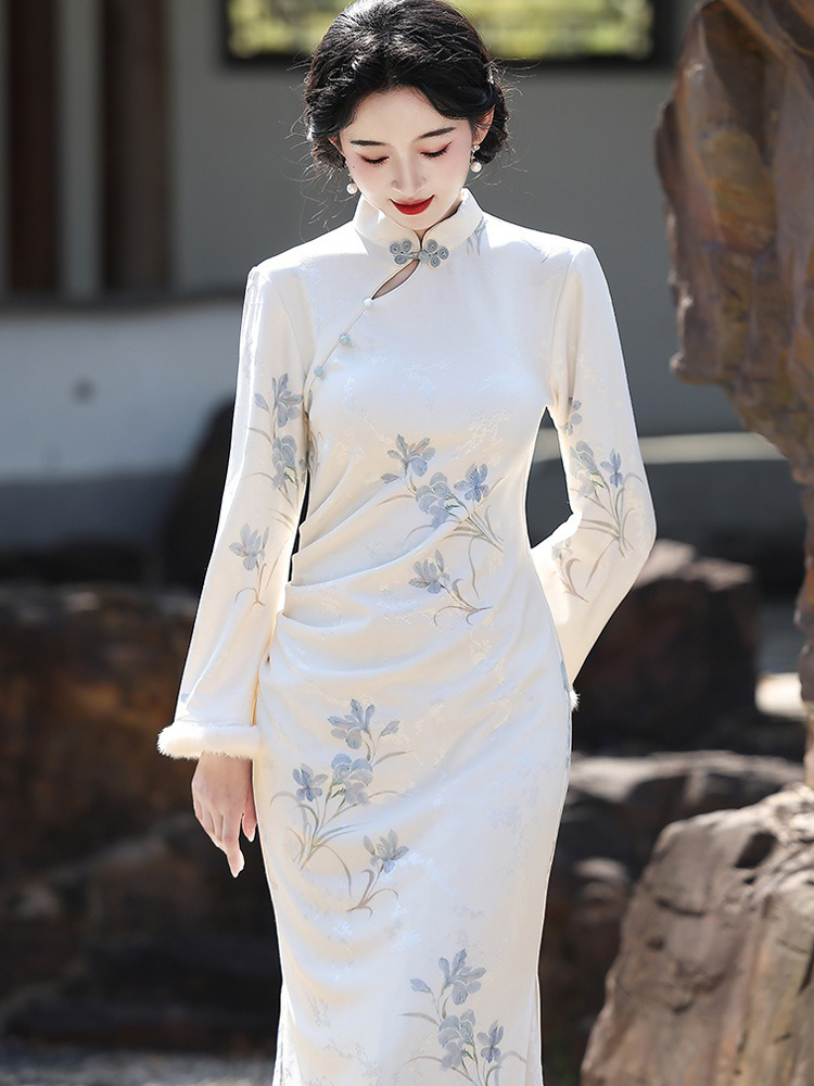 Spring Women Cheongsam New Long Fleece Lined Qipao Dress