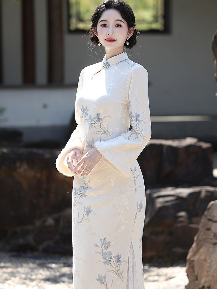 Spring Women Cheongsam New Long Fleece Lined Qipao Dress