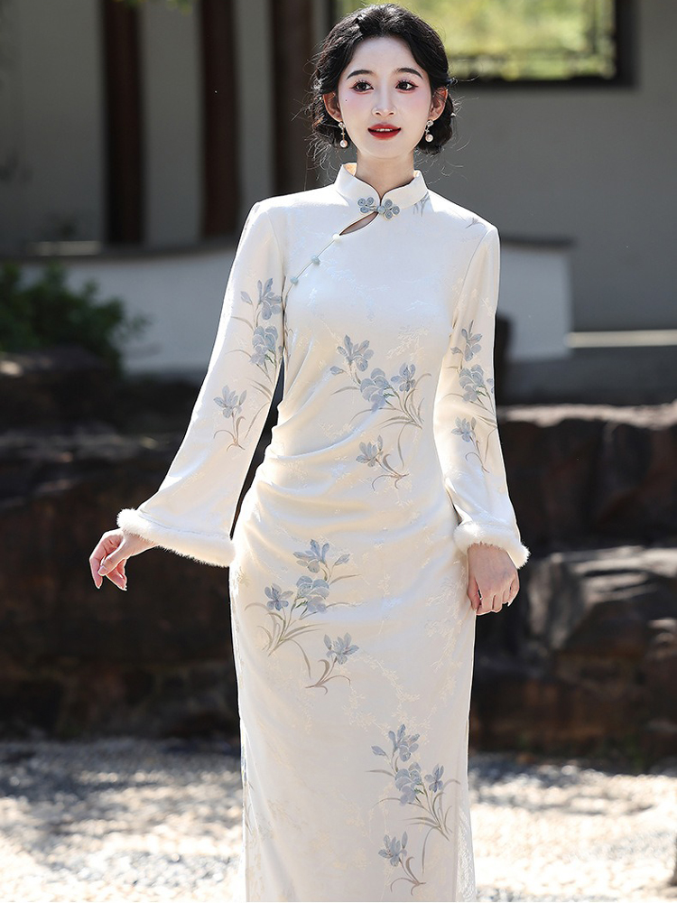 Spring Women Cheongsam New Long Fleece Lined Qipao Dress