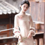 Spring Women Cheongsam Pink Wide-Sleeved Warm Long Dress