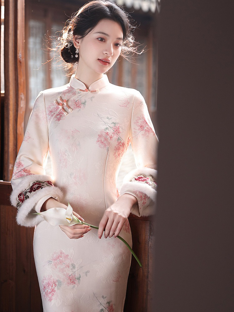 Spring Women Cheongsam Pink Wide-Sleeved Warm Long Dress