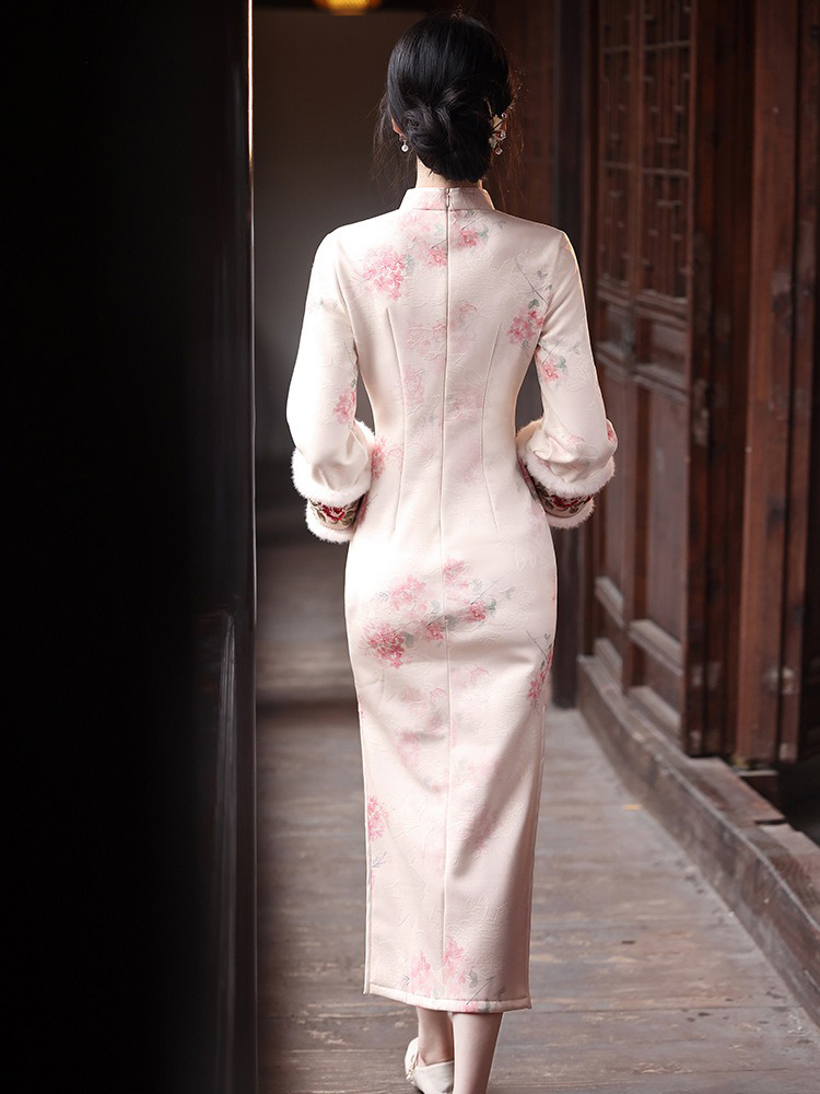 Spring Women Cheongsam Pink Wide-Sleeved Warm Long Dress