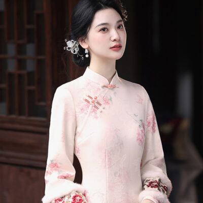 Spring Women Cheongsam Pink Wide-Sleeved Warm Long Dress