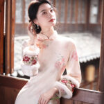 Spring Women Cheongsam Pink Wide-Sleeved Warm Long Dress
