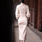 Spring Women Cheongsam Pink Wide-Sleeved Warm Long Dress