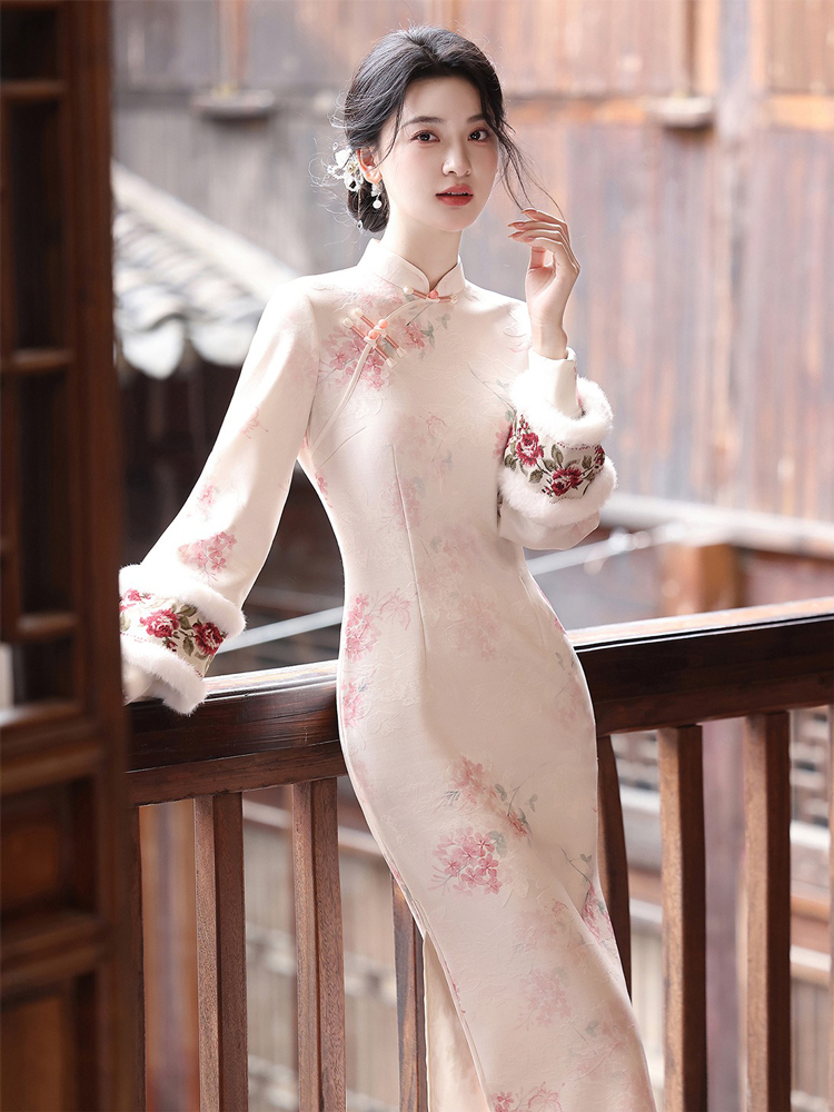 Spring Women Cheongsam Pink Wide-Sleeved Warm Long Dress