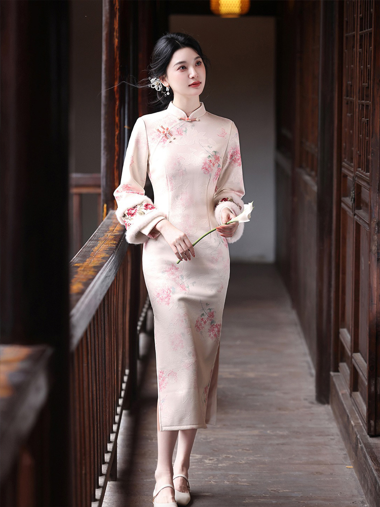 Spring Women Cheongsam Pink Wide-Sleeved Warm Long Dress