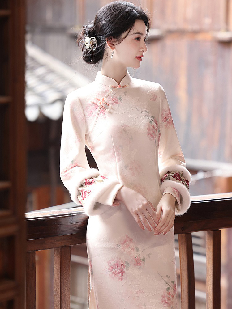 Spring Women Cheongsam Pink Wide-Sleeved Warm Long Dress