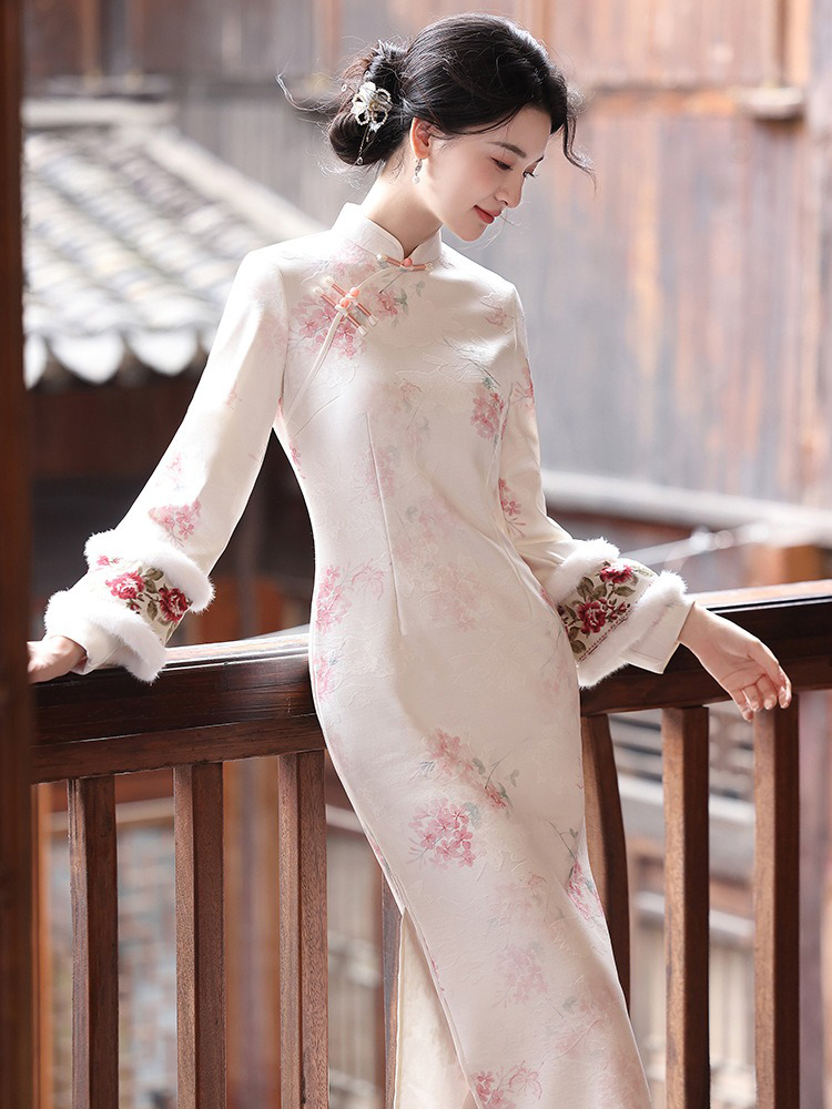 Spring Women Cheongsam Pink Wide-Sleeved Warm Long Dress