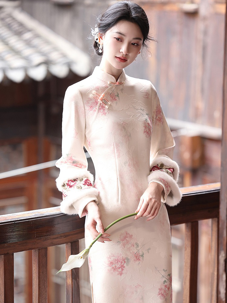 Spring Women Cheongsam Pink Wide-Sleeved Warm Long Dress