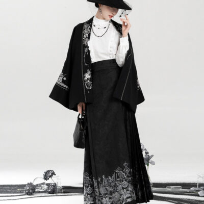 Spring Women Hanfu Set Duijin Jacket Black Mamian Skirt Elegant Style