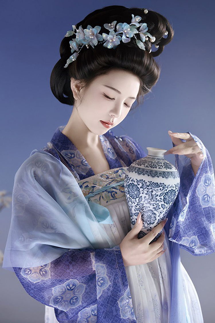 Tang Dynasty Inspired Women's Qixiong Ruqun Blue-and-White Porcelain Style Ethereal Ensemble