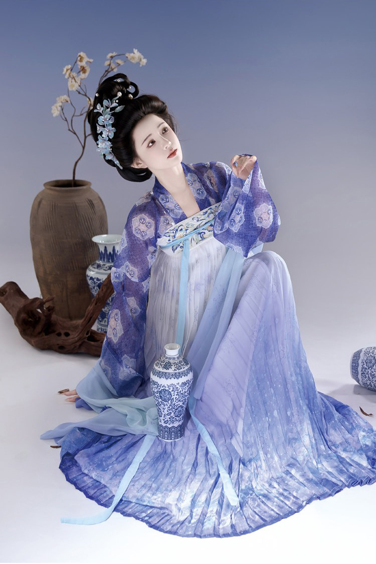 Tang Dynasty Inspired Women's Qixiong Ruqun Blue-and-White Porcelain Style Ethereal Ensemble