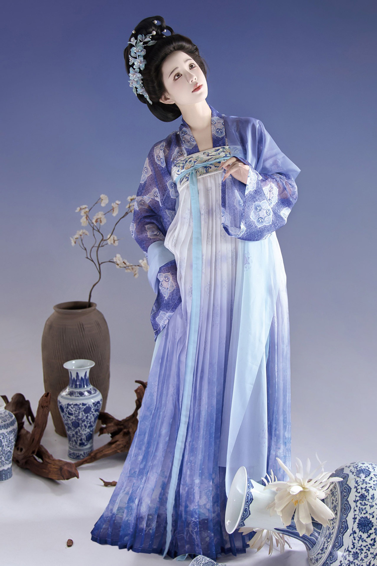 Tang Dynasty Inspired Women's Qixiong Ruqun Blue-and-White Porcelain Style Ethereal Ensemble