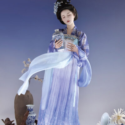 Tang Dynasty Inspired Women's Qixiong Ruqun Blue-and-White Porcelain Style Ethereal Ensemble