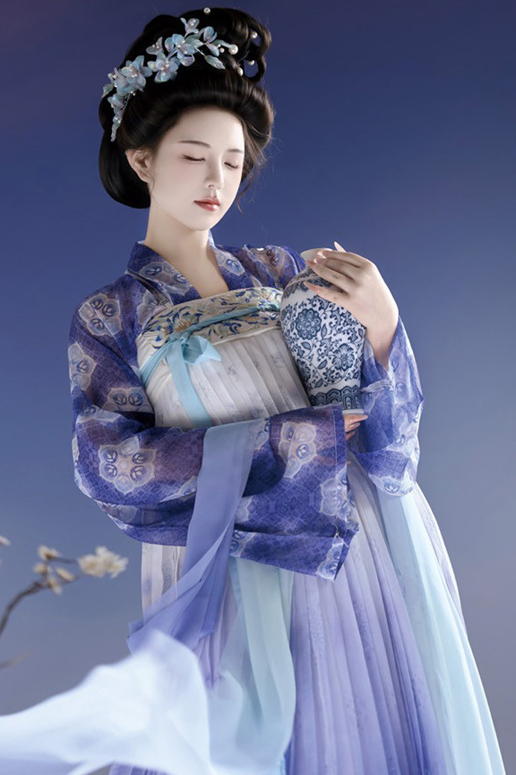 Tang Dynasty Inspired Women's Qixiong Ruqun Blue-and-White Porcelain Style Ethereal Ensemble