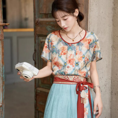 Tang Dynasty Style Women Hanfu Set in Tencel Fabric for Casual Daily Wear