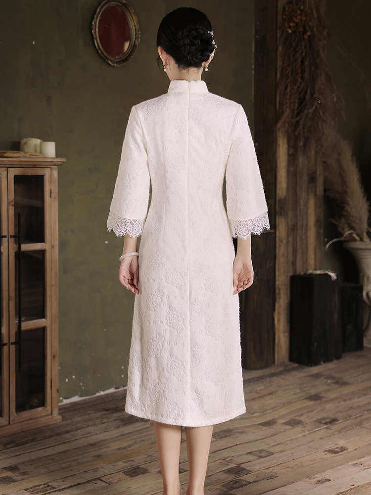 White New Chinese-Style Engagement Cheongsam Long-Sleeved Youthful Style Lace Dress for Young Women