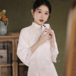 White New Chinese-Style Engagement Cheongsam Long-Sleeved Youthful Style Lace Dress for Young Women