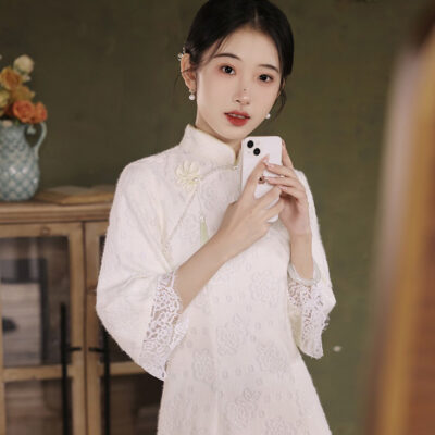White New Chinese-Style Engagement Cheongsam Long-Sleeved Youthful Style Lace Dress for Young Women