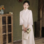 White New Chinese-Style Engagement Cheongsam Long-Sleeved Youthful Style Lace Dress for Young Women