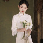 White New Chinese-Style Engagement Cheongsam Long-Sleeved Youthful Style Lace Dress for Young Women