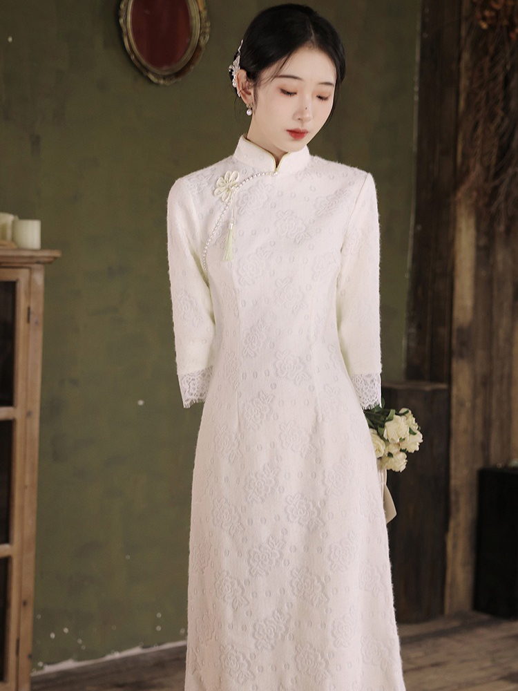 White New Chinese-Style Engagement Cheongsam Long-Sleeved Youthful Style Lace Dress for Young Women